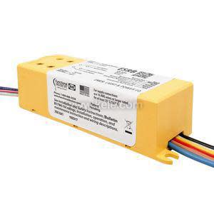 Yellow plastic electronic module labeled with wiring instructions, featuring multiple colored wires protruding from one end.
