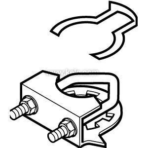Technical drawing of curved metal strap with bolts for clamping