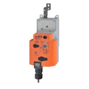 Rectangular orange and gray electronic actuator with dials and switches on the front and a metal mounting bracket on top.