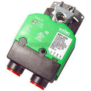 Green and black actuator housing with label and protruding shaft clamp