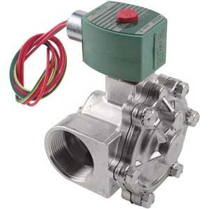 Durable stainless steel solenoid valve featuring a green actuator housing with a red top and red, yellow, and green wires attached.