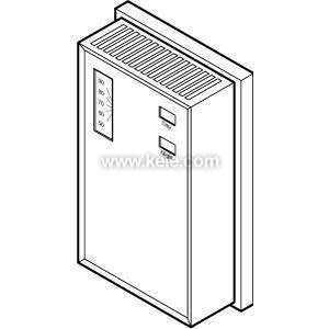 Black and white illustration of a rectangular thermostat with vents on top and a vertical temperature scale labelled 50 to 80 degrees.