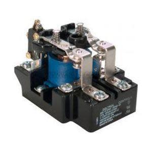 Rectangular contactor with a blue centre coil and shiny silver contacts on a black mounting base