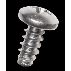 Macro image of a shiny metal screw with a rounded slotted head and self-tapping threads set against a black background