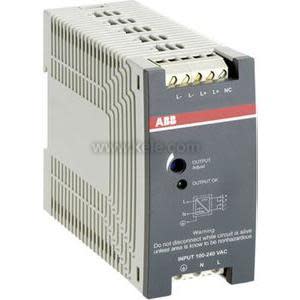 Tall grey module with vent slots, black front panel bearing the ABB logo and labelled screw terminals on top