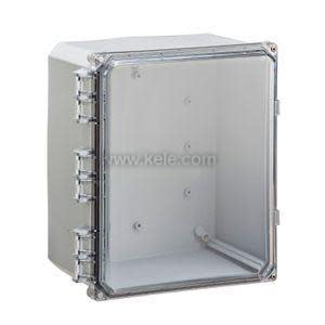 Grey enclosure box with clear hinged door and four latches on the side.