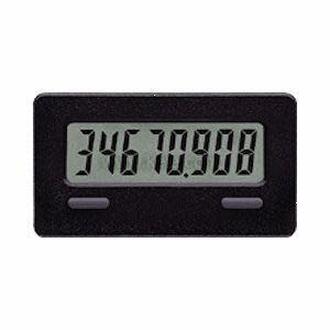 A small black panel meter with a greenish screen showing large digits and two oblong grey buttons beneath the display.