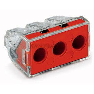 A compact electrical wire connector featuring a red rectangular housing with three round wire entry holes and a clear plastic top cover