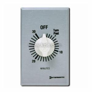 A grey wall‑mounted timer switch labeled OFF at the top, with a white circular knob featuring minute markings from 0 to 30.