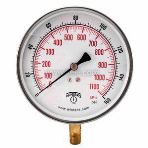 Front view of a large analog pressure gauge by Winters showing up to 160 psi and 1,100 kilopascals with red and black markings on a white background.