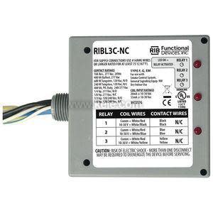 Square gray relay box with detailed label, three lights and colored wires.