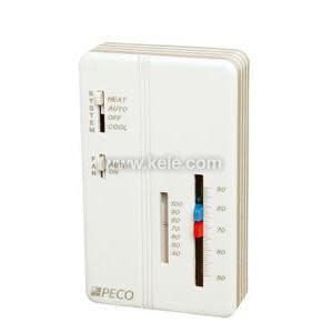 Vertical rectangular thermostat in a beige housing with switch controls and a sliding temperature scale with red and blue indicators