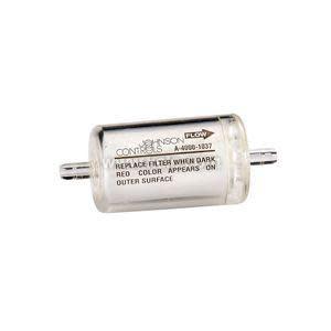 Small clear cylindrical filter with barbed connectors on both ends