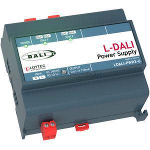 Blue power supply unit labeled for DALI with connection points and a red clip.