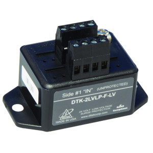 Compact blue surge protector box with two rows of screw terminals on top and mounting flanges on the base