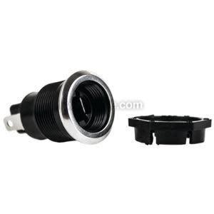 Black cylindrical power socket with chrome ring and a separate black locking nut.