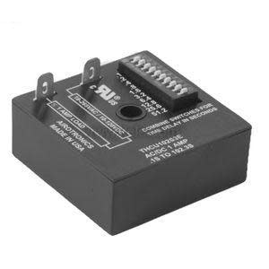 Small black relay module with DIP switches and two spade connectors.