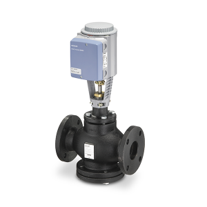 Large black valve with two flanged ports topped by a tall grey and blue motor housing with a round cap.