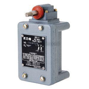 Grey industrial Eaton limit switch featuring a red-capped rotating shaft at the top and black information plaque on the front