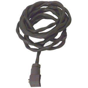 Coiled black cable terminating in a rectangular plastic plug on one end and bare wires on the other
