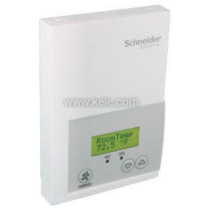 White rectangular controller with a green digital display reading room temperature and three triangular buttons