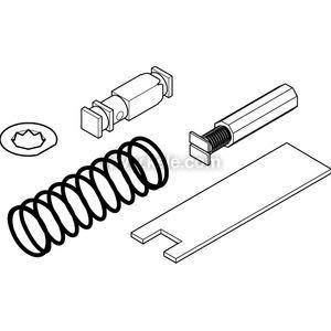 Technical illustration of coiled spring, flat plate and screws in kit