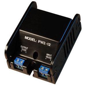 Small black electrical converter box labelled PW2-12 with two sets of blue terminal blocks for input and output connections.