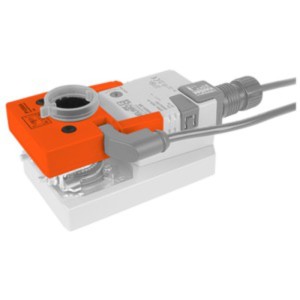 Compact orange and grey actuator with circular mounting hub and integrated cable connector.