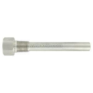 Metal temperature probe sheath with a hex nut and cylindrical tube.