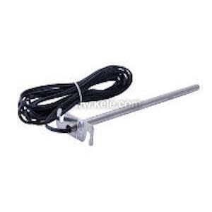 A cylindrical metal temperature probe mounted on a small bracket, attached to a long coiled black cable used for remote sensing.