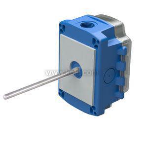 Blue rectangular box with a light grey front panel and a long slender metal probe extending from the center