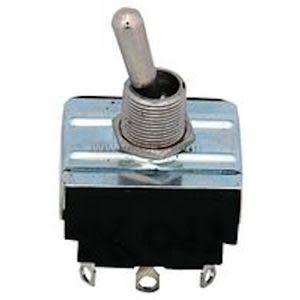 A small on‑off toggle switch featuring a short silver lever and a square black base with metal terminals underneath.