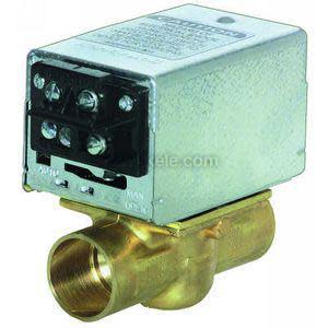 Small brass valve with a box-shaped actuator on top, showing three black screw connectors for wiring.