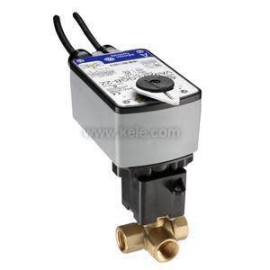 Brass three-port valve with a rectangular motorized actuator on top, featuring a white control dial and two cables extending from the back.