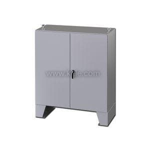 Grey metal electrical cabinet with double doors and legs