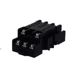 Black rectangular relay base with six screw terminals for wiring