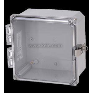 Grey box with transparent front cover and latch for indoor/outdoor electronics