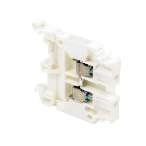 White plastic fuse holder module with two vertical metal clips and DIN rail mount