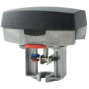 Short cylindrical actuator assembly with a black square top and grey metal base featuring a spring and colored cams
