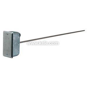 Rectangular metal electrical box with knockouts and a very long thin rod extending from one side.