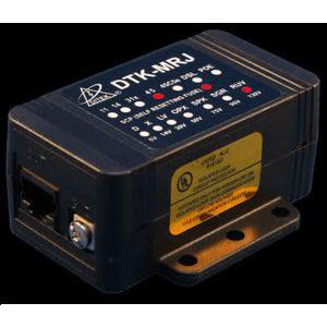 Compact black electronic surge protection module labeled DTK-MRJ featuring network ports, LED status indicators, and a mounting flange