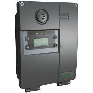 Wall-mounted controller with small LCD screen and LED indicators.