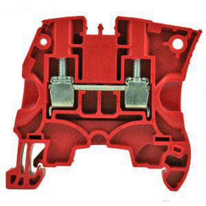 Red plastic half-block with internal channels and metal clamp visible in cross-section