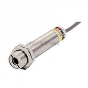Small cylindrical metal sensor with threaded body and attached grey cable with plug