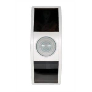 Vertical white sensor device with a round frosted lens in the center, framed by two dark rectangular panels above and below.