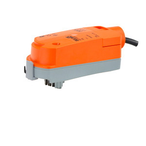 Slim orange rectangular actuator on a grey base with a short black cable and side clamp.