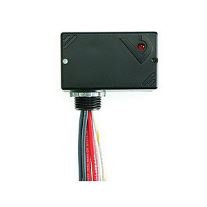 Small black rectangular sensor with single red LED and bundle of colored wires