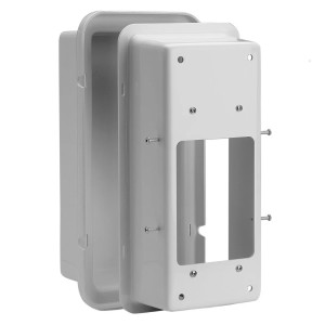 A gray plastic two‑piece wall box with a large rectangular opening and several screw holes for mounting an electrical component.