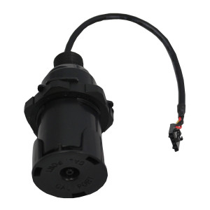 Cylindrical black sensor with a threaded body and a single cable ending in a small plug.