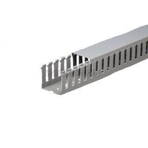Long grey plastic wiring duct with evenly spaced side slots and removable top cover